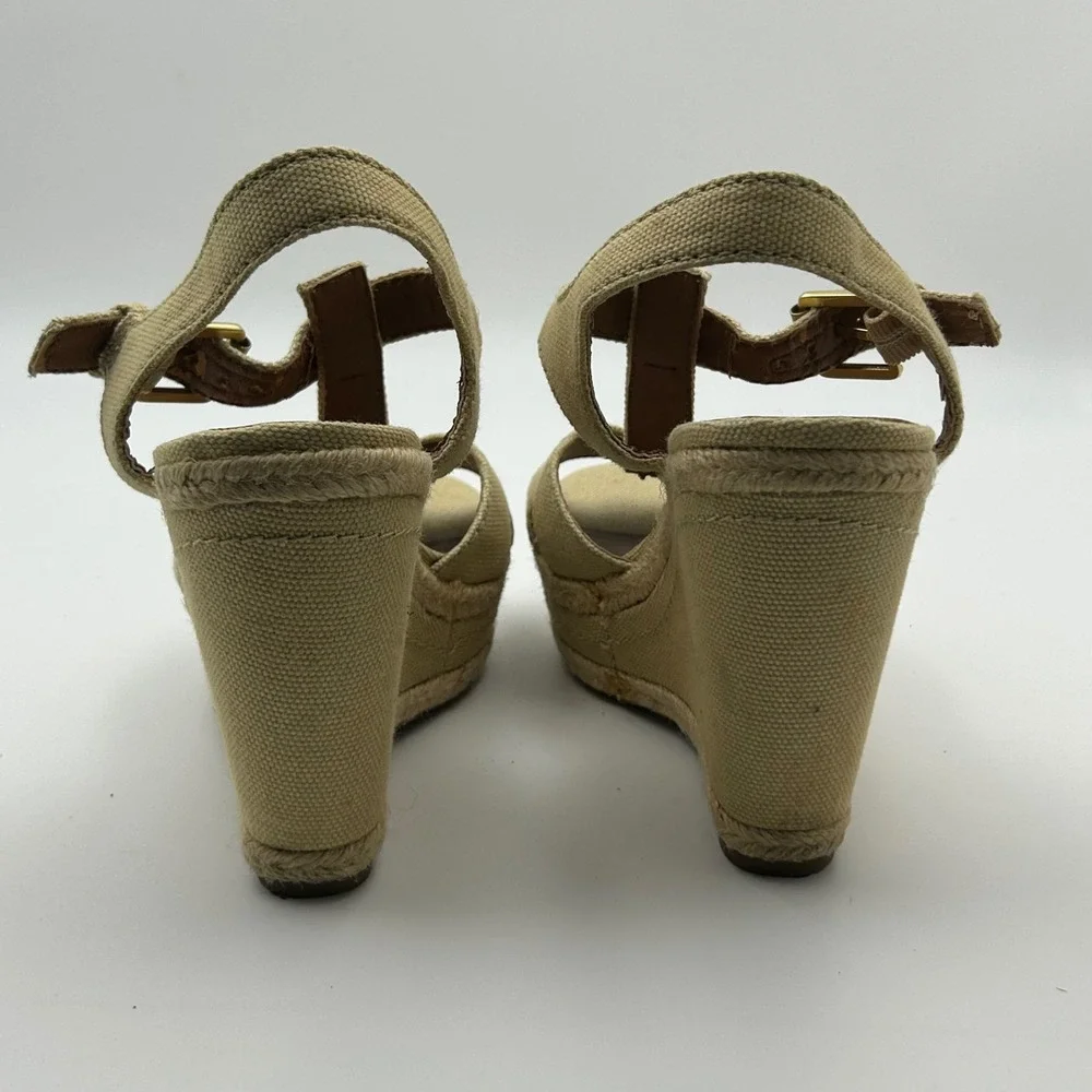 Franco Sarto Wedge Sandals Womens 7.5 Beige Canvas Espadrille T-Strap Boho Coast